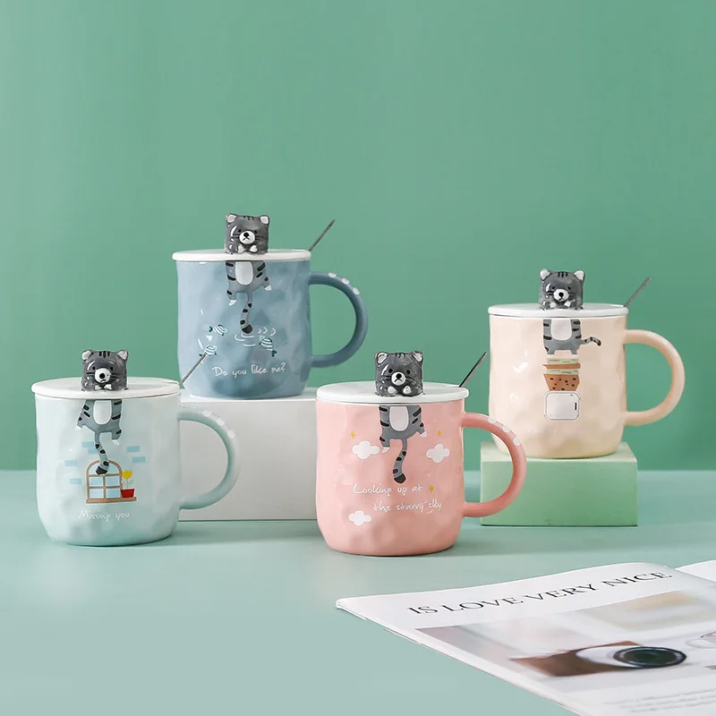 Creative Design Embossed Animal Mug with Lid Spoon Coffee Cute Cat Tea Cup Eco-friendly Drinkware | Дом и сад