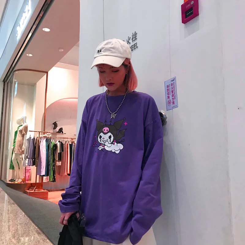 Harajuku футболка с длинным рукавом, топы, женская уличная одежда, фиолетовая футболка с принтом дьявола, Корейская Повседневная Свободная Осенняя женская футболка с круглым вырезом, топы