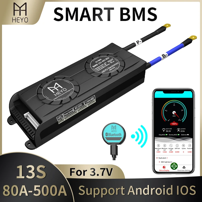 HEYO Smart BMS Li Ion 13S 48V 80A 100A 150A 200A 250A 300A 500A Bluetooth UART RS485 CANbus NTC батарея с вентилятором e