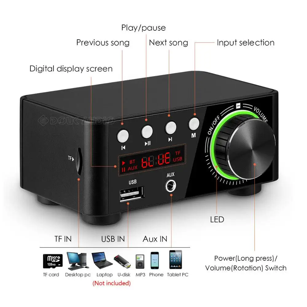  Douk audio Mini TPA3116 Power Amplifier Bluetooth 5.0 Receiver Stereo Home Car Audio Amp USB U-disk