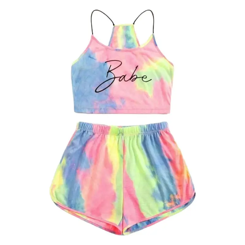 Women Tie-Dye Letter 2 Piece Set Gradient Rainbow Cami Crop Top Shorts Tracksuit
