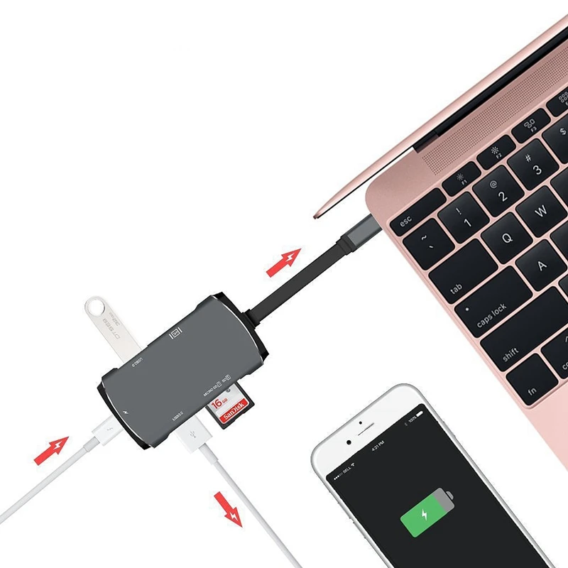 ABKT-6 в 1Usb C концентратор Тип C адаптер с type C порт для зарядки 4K Hdmi и Sd/Micro Sd/Tf смарт-карт и 2 Usb 3,0 Pd H