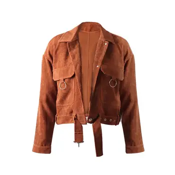 

2019 Autumn Spring Women Corduroy Thin Slim Coat Short Jacket Ring Pockets Retro Cool Belted Long Sleeve Loose Tops Jackets