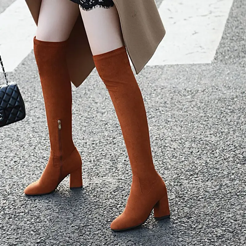 Taoffen/4 цвета, размеры 33-46, женские сапоги выше колена на высоком каблуке удобные простые теплые зимние сапоги на молнии женская обувь