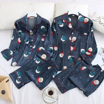 

Spring New Kimono Robe Couples Sleepwear Satin 2PCS Pajamas Suit Shirt&Pants Silky Pyjamas Print Nightwear Home Clothes Homewear