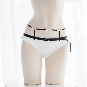 

Maid Pure White Milk Silk Cute Heart Bowknot PU Belt Lolita Panties Cosplay Japanese Women Ruffles Trim Secy Briefs Underwear