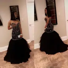 Черный тюль русалка выпускного вечера платья Сверкающее длинное, блестящее, вышитое бисером вечерние платья милое платье для официального события невесты