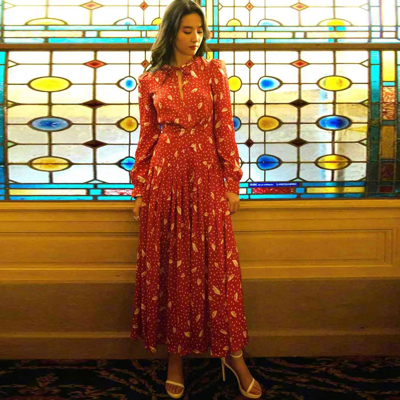 

Long Dress Runway Designer High Quality New Women'S Fashion Office Party Sexy Vintage Elegant Chic Christmas Red Print Dresses