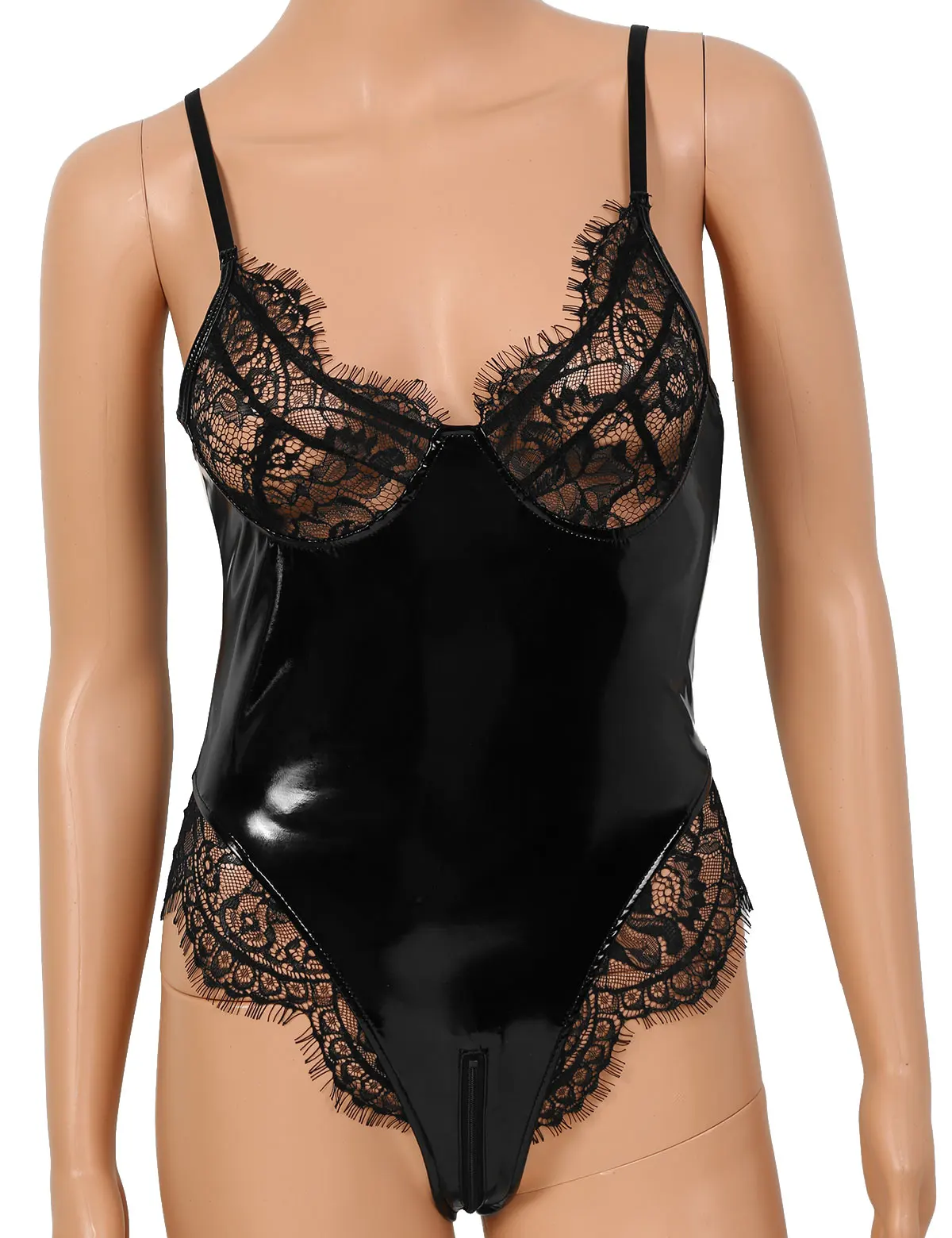 Женское нижнее белье для взрослых из кожи Wetlook, боди бодичулок, облегающее, на бретельках, с кружевными чашечками, на молнии, сексуальное боди, клубная одежда
