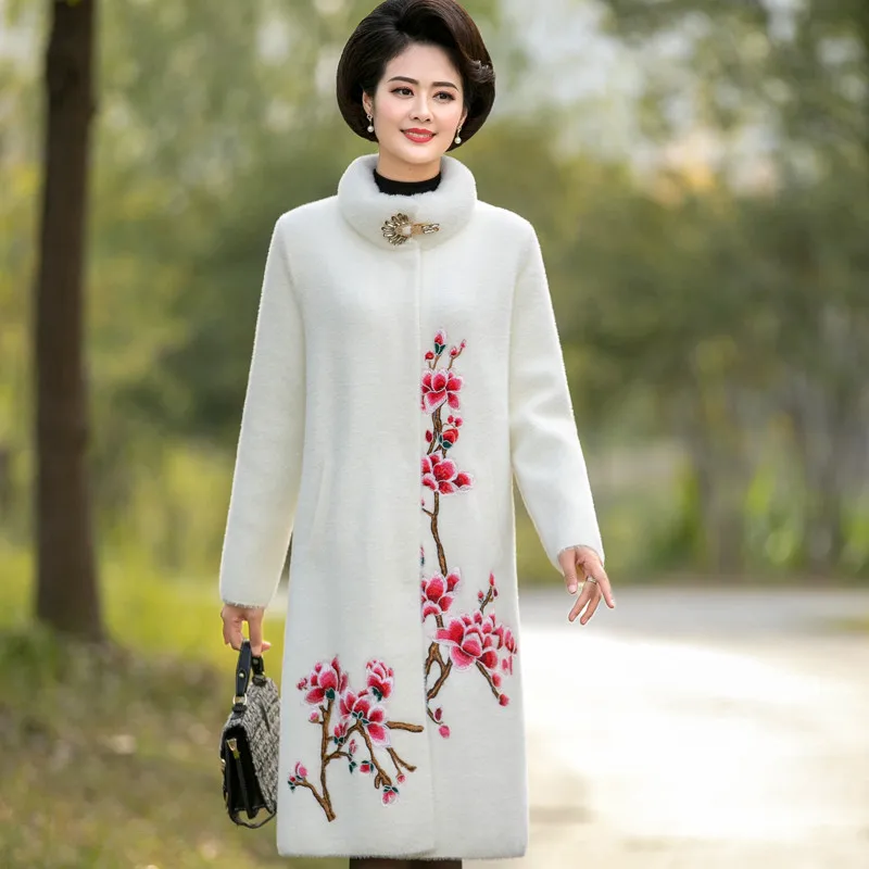 UHYTGF качественное Норковое кашемировое шерстяное пальто для женщин модное вышитое толстое теплое осенне-зимнее женское пальто свободного размера плюс куртка 632