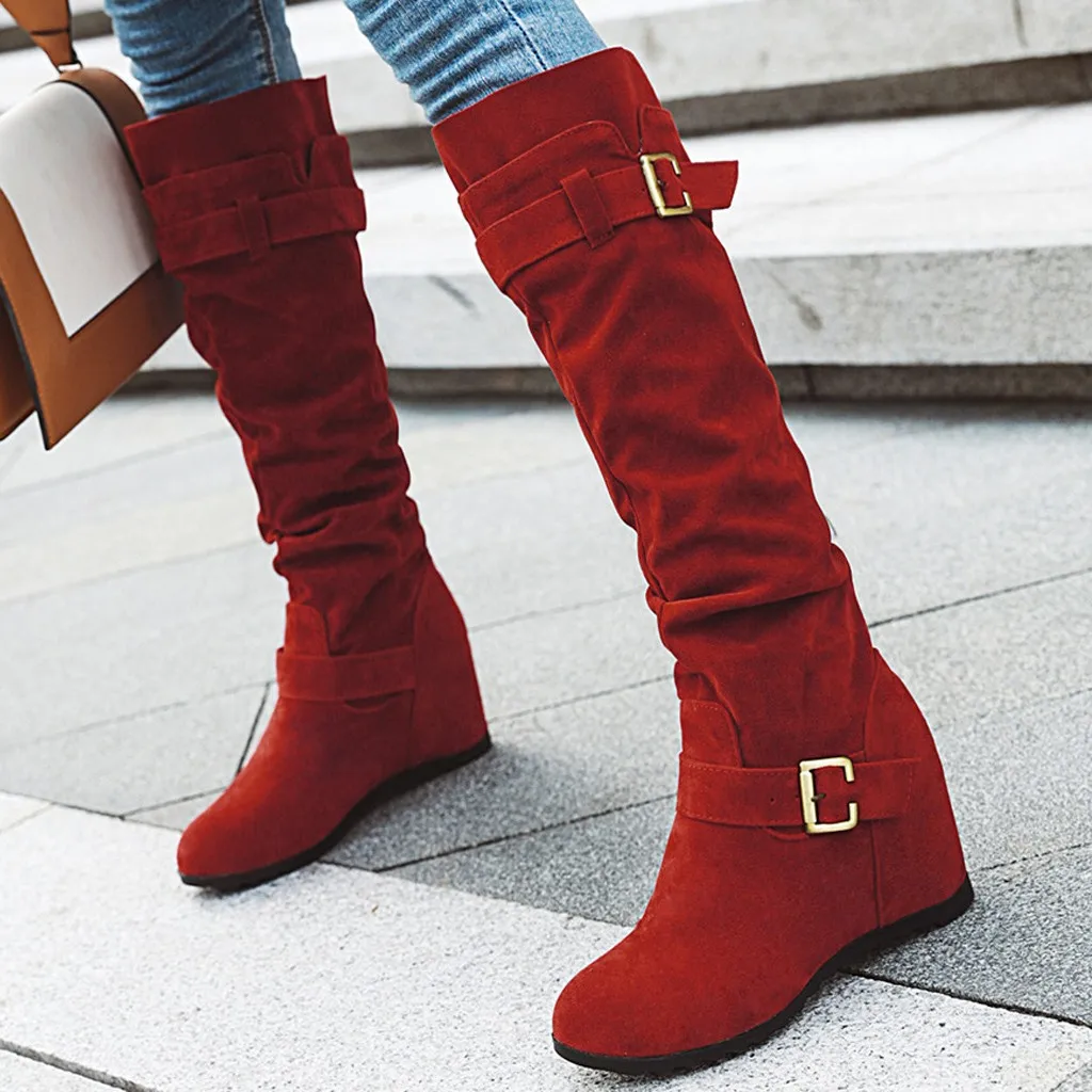 

WoMen Retro Wedges Suede Winter Boots Buckle Knee Bare Boots Slip-On Casual Brown Flock Long Tube Booties Chaussures Femme