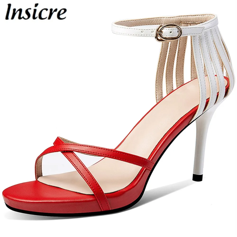 

Insicre 2020 Summer Cow Leather Thin Heels 8.5 cm Women Sandals Buckle Red Female High Heel Shoes Platform Dress Sexy