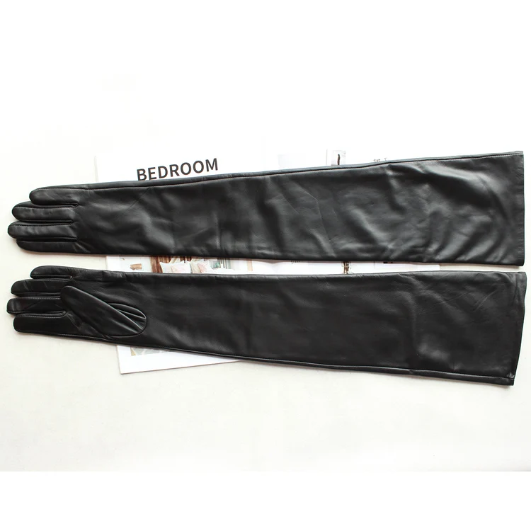 New Women's Super Long Leather Gloves Over Elbow Fashion Black Imported Sheepskin High Quality Mink Leather Touch Screen Gloves