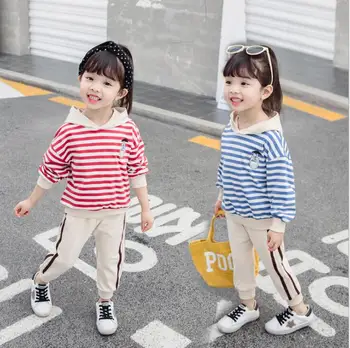 

Spring Autumn 2019 children clothing girls cotton sweater two sets of cartoon striped children's suit casual female baby clothes