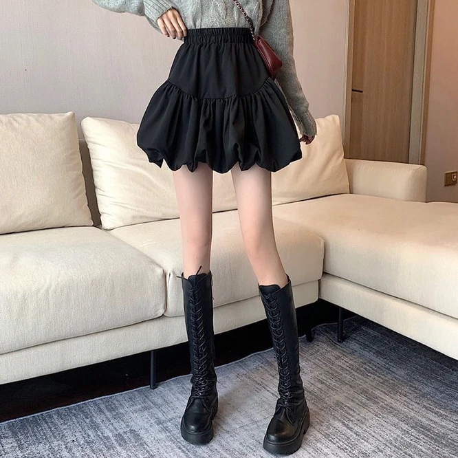 2021 Spring Autumn Design Bubble Bud Cloud Puffy Short Skirt Girl High Waist A-shaped Short Skirt Female Coffee images - 6