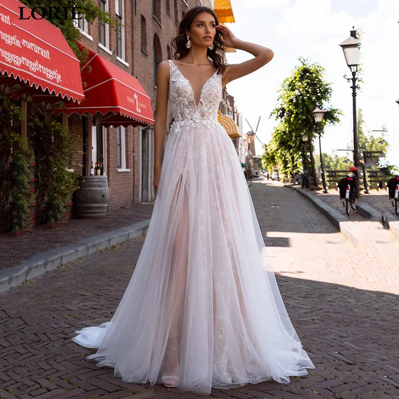 LORIE Vintage A Line Wedding Dress Beach 2021 Delicate Lace Applique Side Split Beide Dresses Tulle Country Boho Bride Gowns