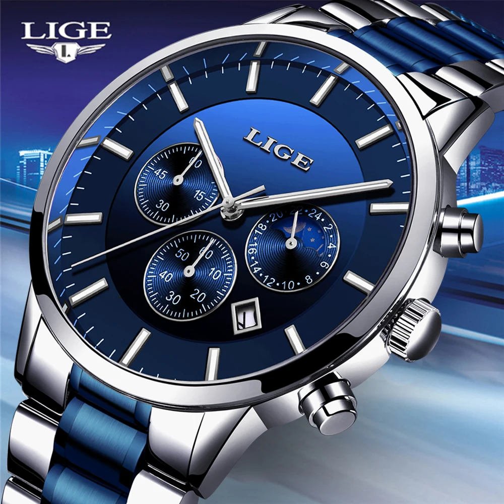 

LIGE 2020 New Fashion Mens Watches with Stainless Steel Top Brand Luxury Sports Chronograph Quartz Watch Men Relogio Masculino