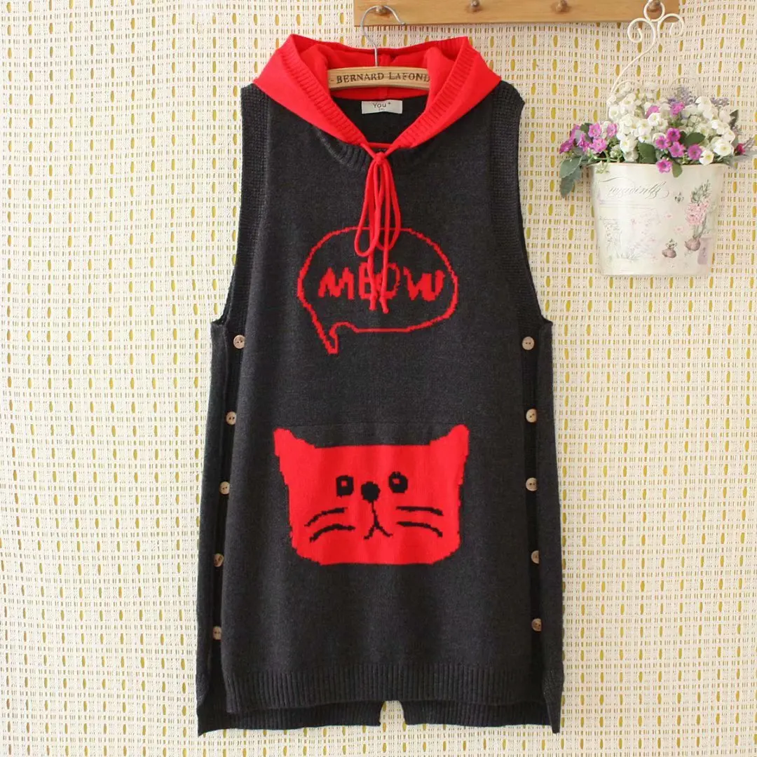 

Fat Mm Plus-sized WOMEN'S Dress Sweet Fashion Mixed Colors Hooded Knit Black Cat Printed Sleeveless Long Vest Skirt