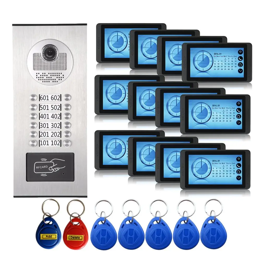 

Wired 7" RFID Video Doorbell Intercom System 12 / 10/ 4 / 6 / 8 Monitors Screen with Outdoor Camera for Multi Apartments