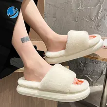 Mo Dou New Summer/Autumn Fluffy Slippers Sweet Indoor Home Long Plush Women Flip Flops Soft Thick Sole Non Slip EVA Quality