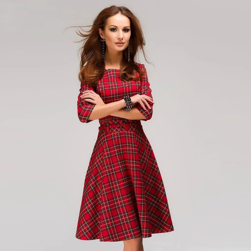 Женское платье Vestidos шотландское клетчатое облегающее платье с рукавом три четверти и круглым вырезом ТРАПЕЦИЕВИДНОЕ Сетчатое платье с принтом для рождественской вечеринки платье