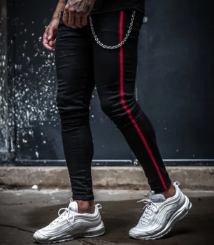 

Mens Side Stripe Skinny Black Denim Jeans Hip Hop Streetwear Solid Color Plus Size Slim Fit Lightweight Cotton Jeans Men SA-8