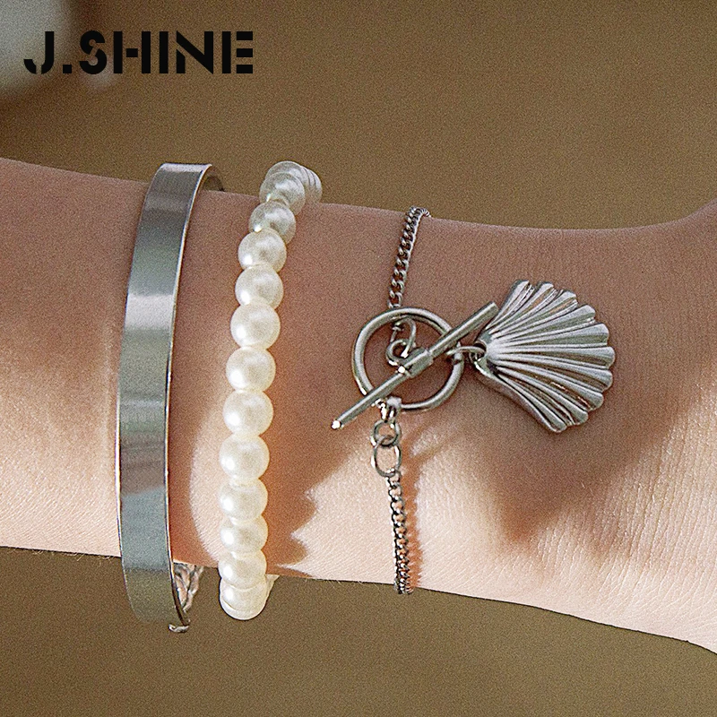 

J.Shine Bohemian 3 Pcs/ Set Scallop Pendant Bracelet Glossy Cuff Bangle Imitation Pearl Bracelets for Women Boho Jewelry