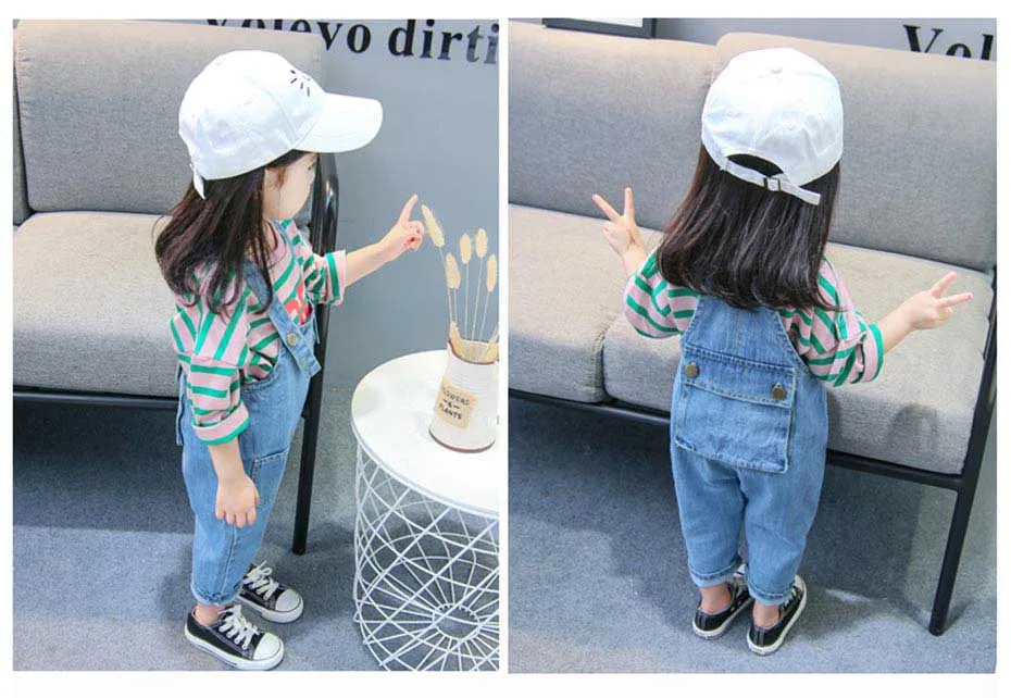 Одежда для девочек, футболка в полоску+ комбинезон, 2 предмета, одежда для девочек джинсовый комбинезон, костюм для девочек, весенне-осенняя повседневная одежда для малышей