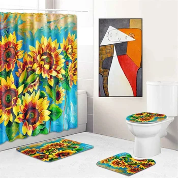 

4 Pcs/Set Sunflowers Polyester Shower Curtain Anti Slip Bath Mat Carpet Toilet Cover Rug Curtains Set Bathroom Accessories