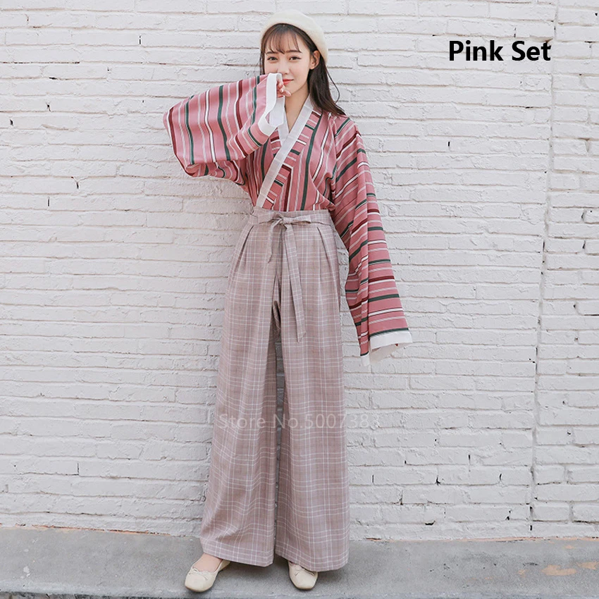 Японский стиль традиционная одежда кимоно косплей для женщин Kawaii Девушка уличная мода Haori полосатый топ клетчатые брюки костюм - Цвет: Set1