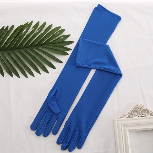 Stretch Satin White Glove Long Bridal Gloves Black Red Elbow Length Women Dance Party Wedding Gloves Full Finger Guantes Boda Blue