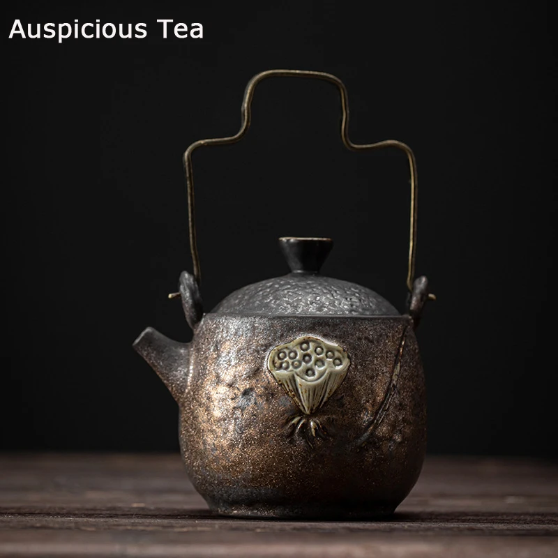 Japanese Gilding Iron Glaze Ceramic Loop Handled Teapot Lotus Art Tea