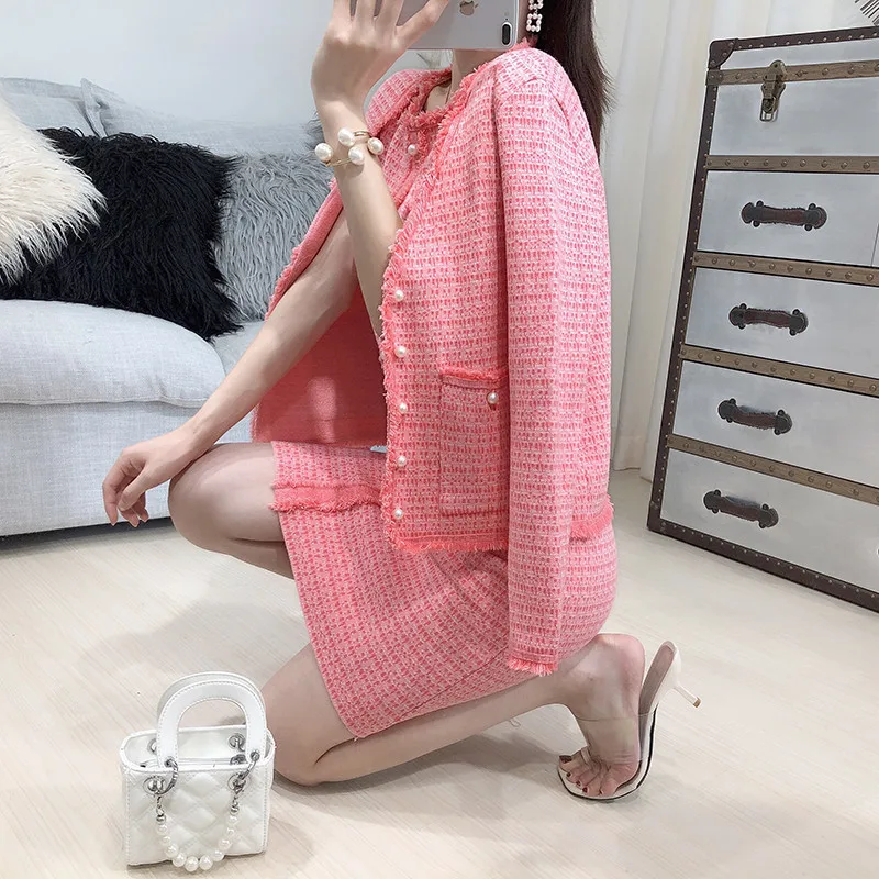 Осенние женские комплекты вязанная куртка для подиума и жилет, комплекты с платьем милая розовая одежда корейские комплекты из двух предметов элегантные комплекты из 2 предметов