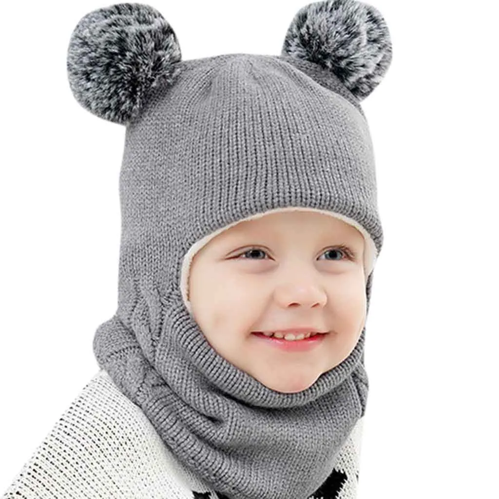 Детский шарф с капюшоном для маленьких мальчиков и девочек, шапка s, зимняя теплая вязаная одноцветная шапка с клапаном, милый Повседневный Шарф, подходит для дня рождения, фестиваля, фото - Цвет: Серый