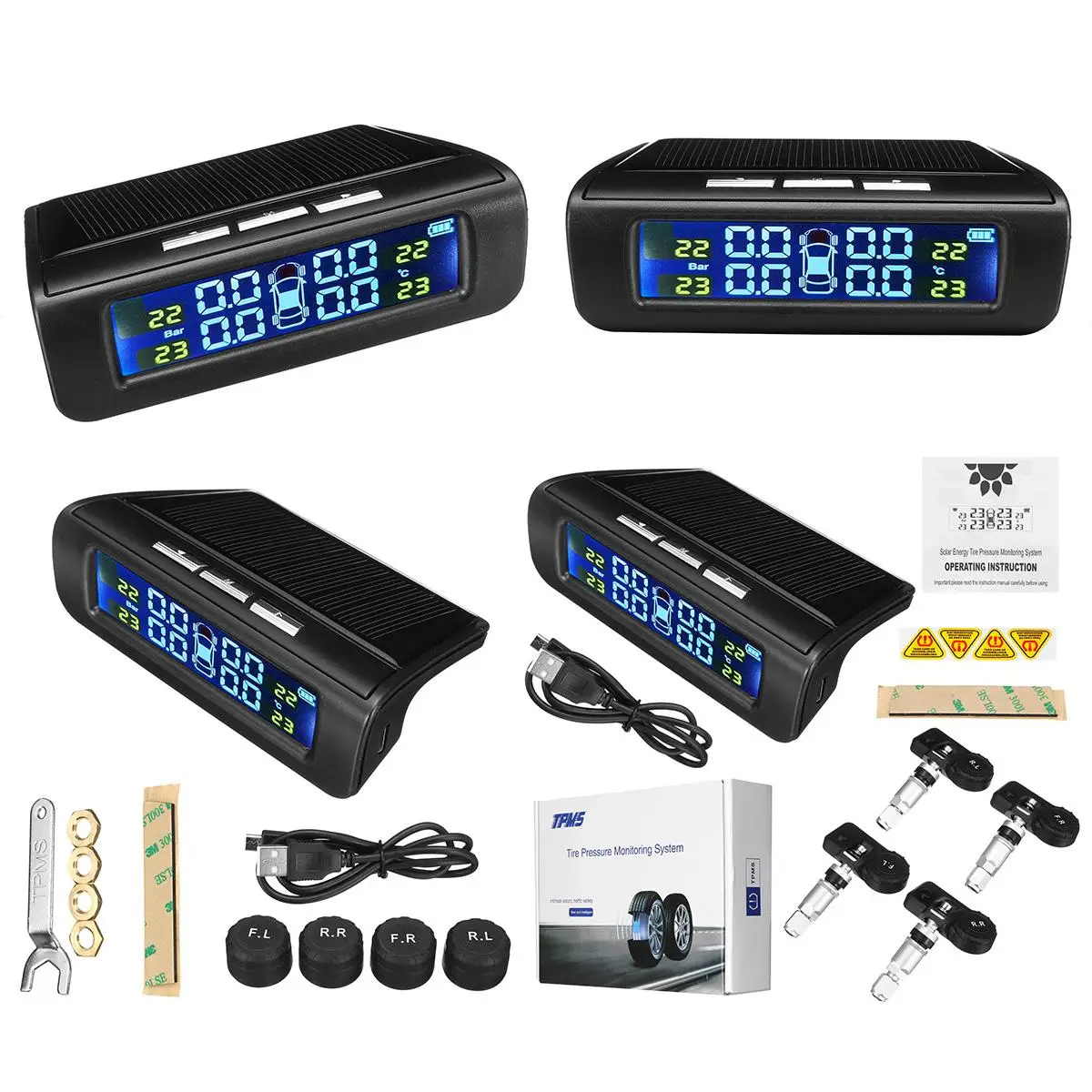TPMS автомобильное давление в шинах солнечной энергии USB система мониторинга ЖК-дисплей 4 внешних датчика Предупреждение температуры внешний/внутренний