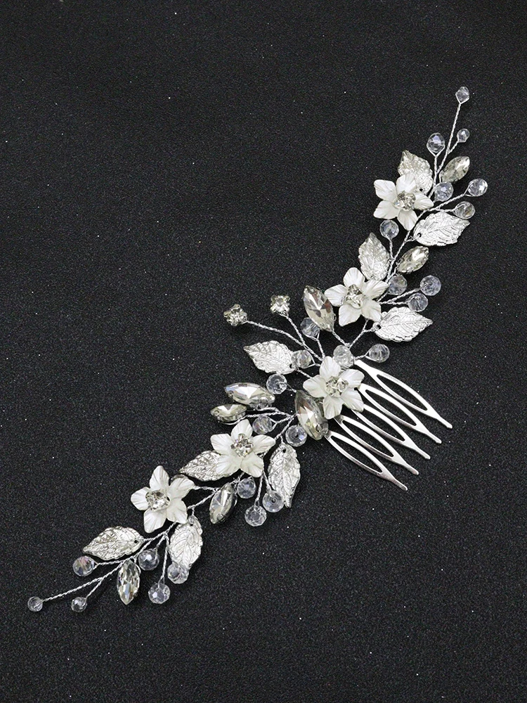 Silver Floral Bride Headdress Leaf Headbands Rhinestone Women Hair Ornaments Wedding Bridal Hair Accessories Vine Comb