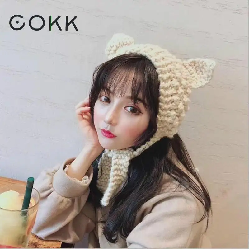 COKK, новинка, Зимняя повязка на голову, вязаные шерстяные аксессуары для волос для женщин, кошачьи ушки, одноцветные головные уборы, корейский стиль, женские головные уборы