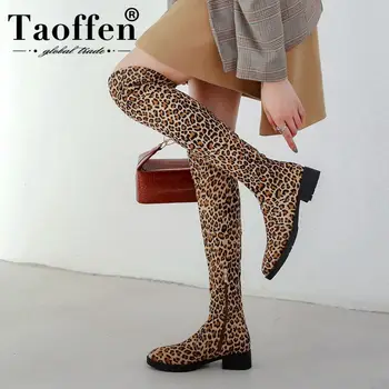 

Taoffen 4 Color Over Knee Boots Women Casual Winter Stretch Shoes Women Round Toe Zipper Leopard Keep Warm Footwear Size 34-43
