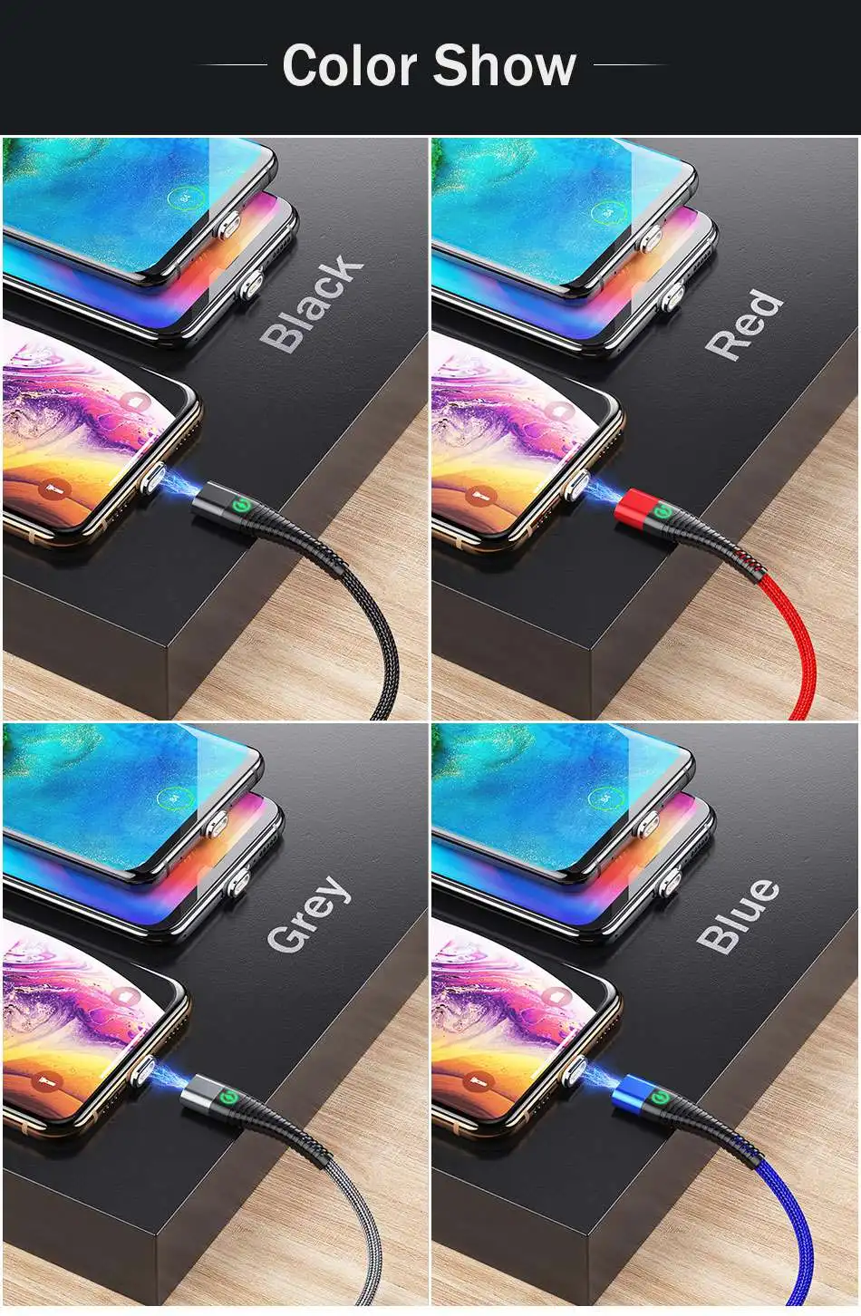 Магнитный светодиодный кабель REDNUT, 1 м, 2 м, Micro usb type C, магнитный usb-кабель для зарядки iPhone X XS Max XR 7 8, huawei, samsung, xiaomi, LG