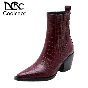 

CoolCept Fashion Women Ankle Boots Solid Color Pointed Toe Thick Heels Shoes Autumn Winter Warm Women Footwear Size 33-45