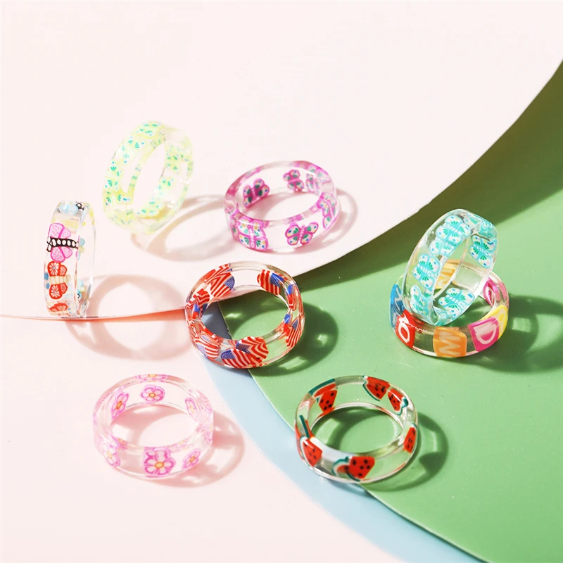 17KM Korean Colorful Transparent Resin Acrylic Rings Set for Women Trendy Geometric Square Round Ring Wedding Jewelry