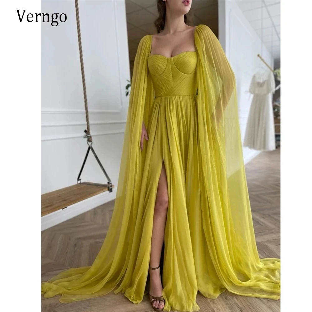 

Verngo Hot Sale 2021 Citrine Yellow Silk Chiffon Prom Dresses With Long Cape A Line Sweetheart Pleats Side Slit Evening Gowns