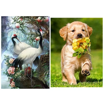 

2 Set 5D Diy Full Round Diamond Embroidery Diamond Painting - Dog with Flower & Two Crane
