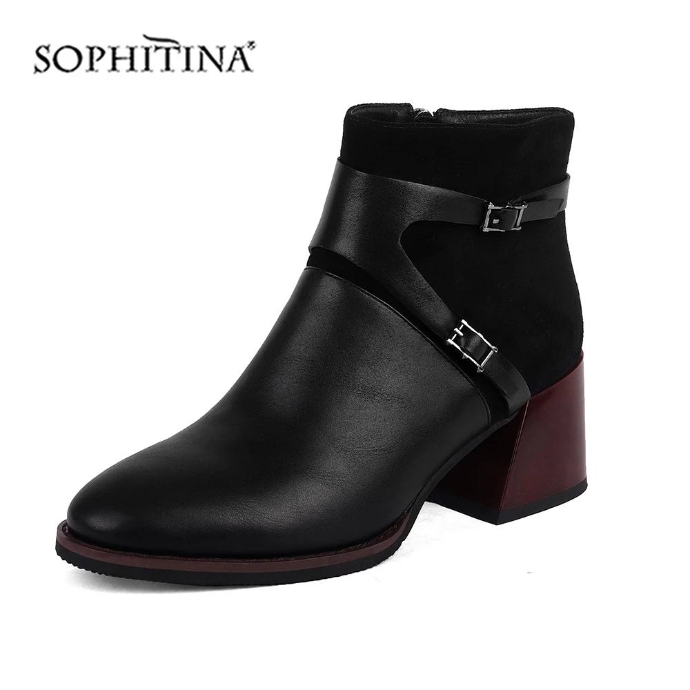 SOPHITINA Comfortable Buckle Boots Square Heel Round Toe Zipper Handmade Round Toe Fashion Shoes New Ankle Women's Boots BY141