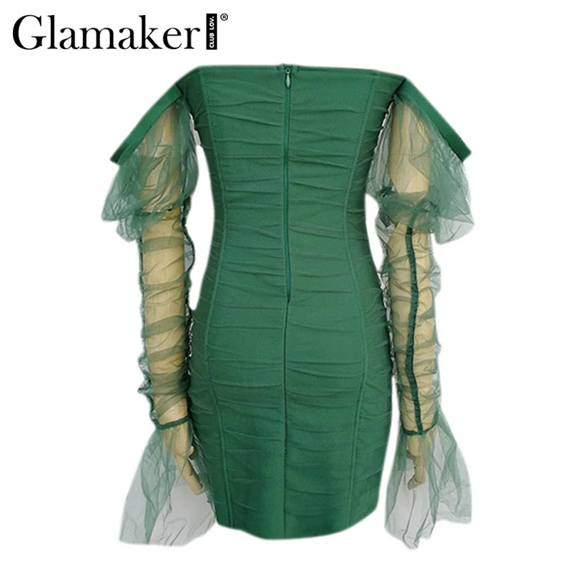 Glamaker, сексуальное мини-платье с рюшами, женское Пышное прозрачное короткое платье с рукавом, облегающее плиссированное платье с квадратным вырезом на спине, белое вечернее платье