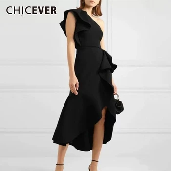 

CHICEVER Irregular Dress Women One Shoulder Sleeveless High Waist Ruffle Dresses For Female Fashion Clothing 2020 New
