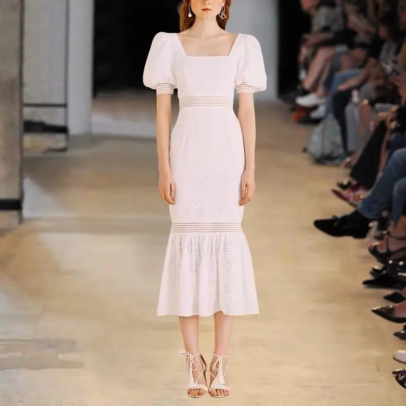

Summer Women's Square Collar Korean Dress Sexy High Waist Hollow Fishtail Dress Bag Hip Women's Fashion Party Dress Vestidos