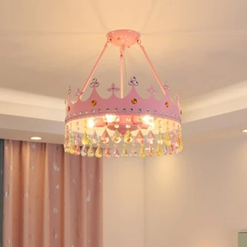 

Pink Crown LED Pendant Lights For Kids Room Suspension Crystal Girl Bedroom Golden Boys Hanglamp Home Baby Pendant Lamp