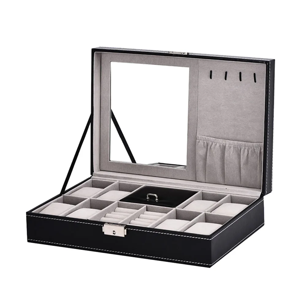 8 сетки хранения ювелирных изделий коллектор серьги портативный держатель наручные часы с зеркальным дисплеем PU кожаный ящик для часов Органайзер чехол