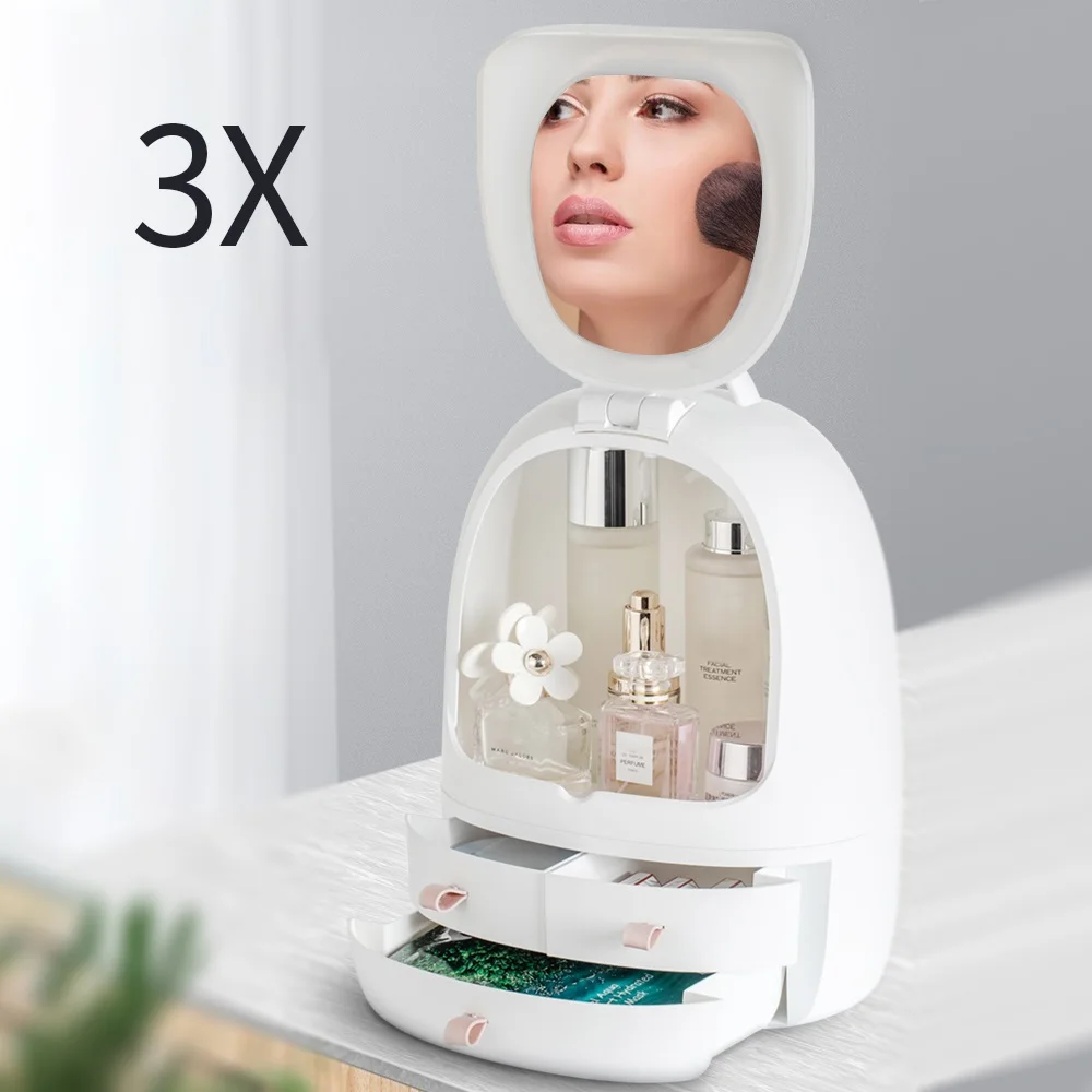 USB Makeup Brush Drawer Organizer Cosmetic Storage Box Skin Care Products Container 3X Magnifying LED Light Adjustable Mirror